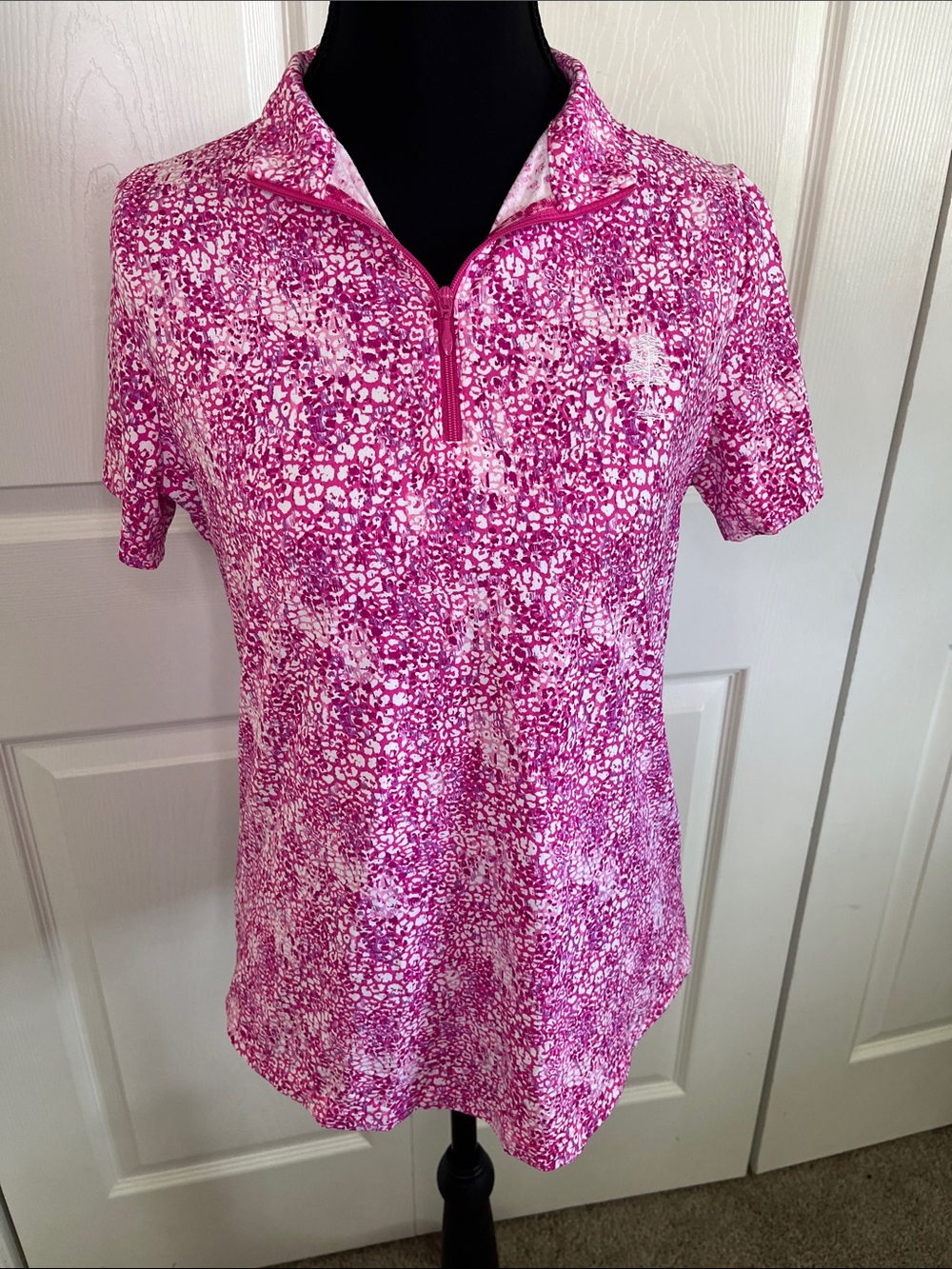 IBKUL Kendra Pink White Short Sleeve Quarter Zip Tennis Golf Shirt Women’s S